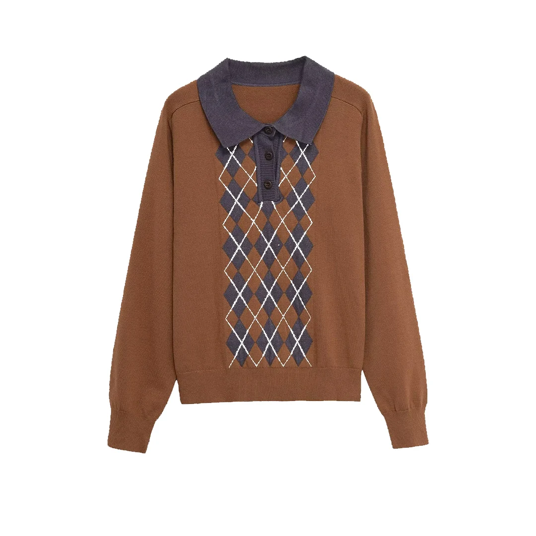 KASLEAD New Women's Faion Diamond Knitted  irt Versatile Sli Polyester Fiber Long Sve Crew Ne Button Detail