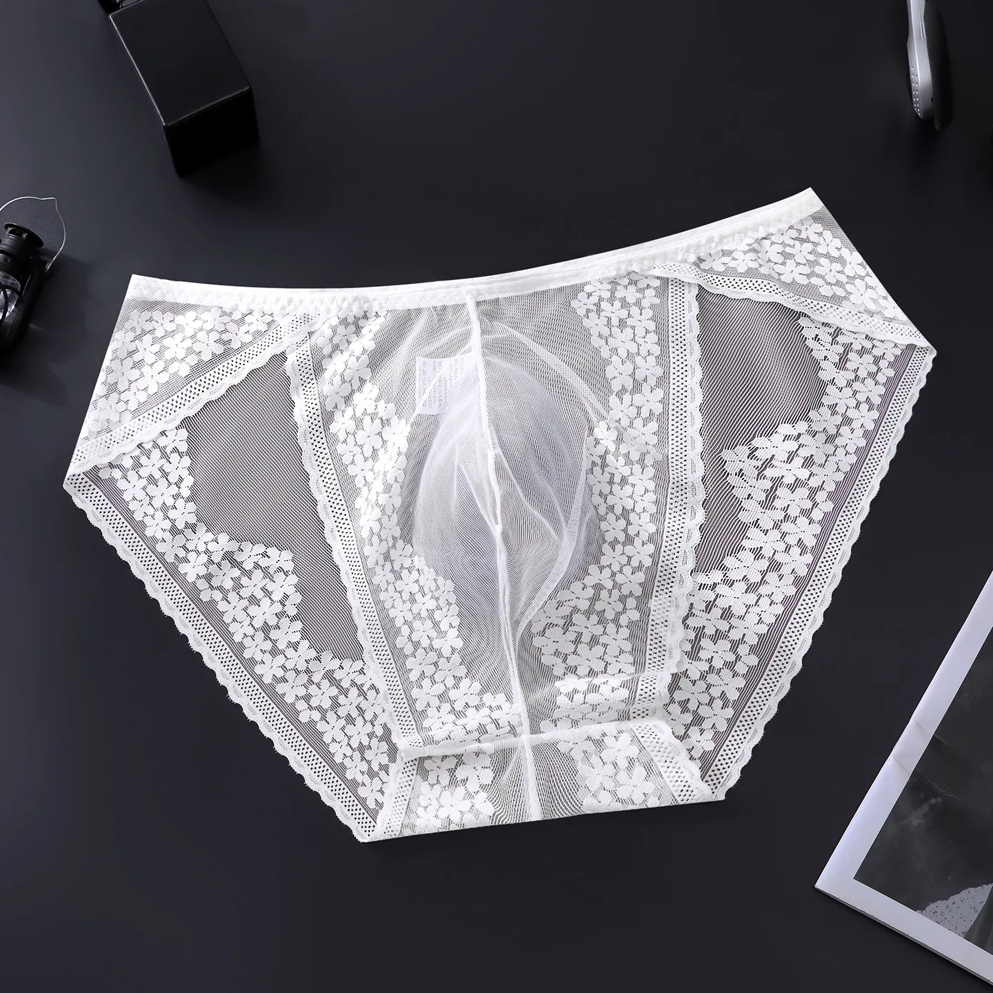 Men's French Lace Mesh Briefs Breathable Ice Silk 3D Convex Pouch Underwear