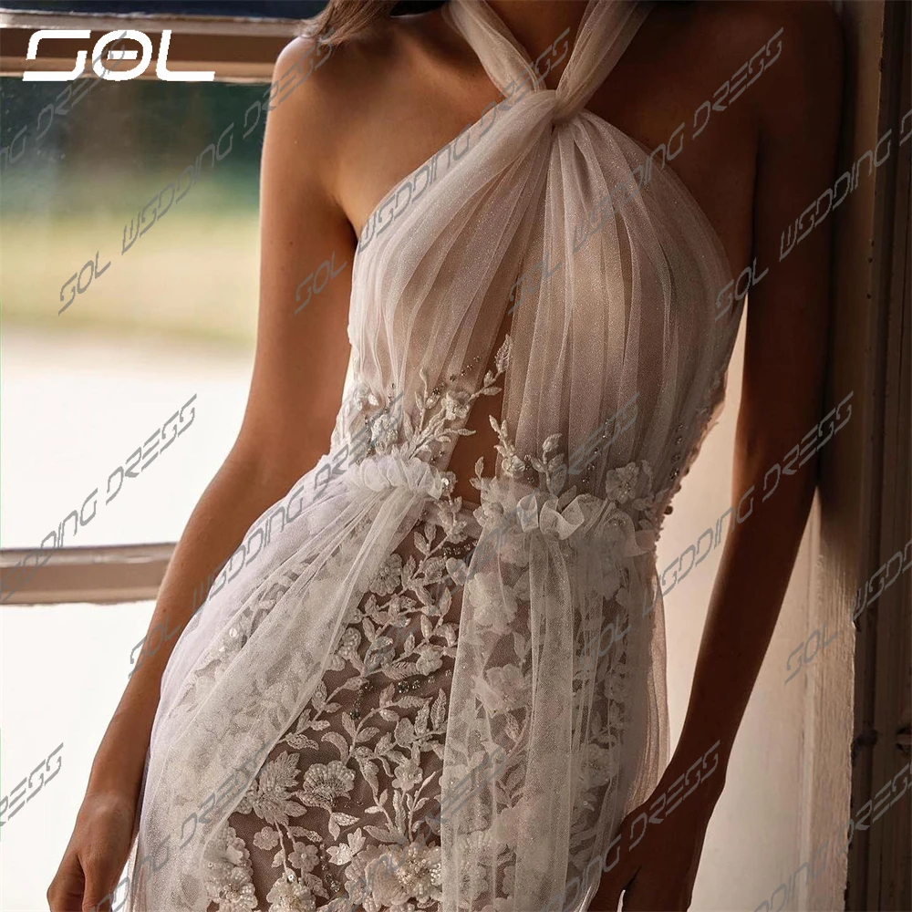 SOL Sexy Halter Lace Appliques pieghe Tulle abiti da sposa con cintura elegante Backless a-line abiti da sposa Vestidos De Novia