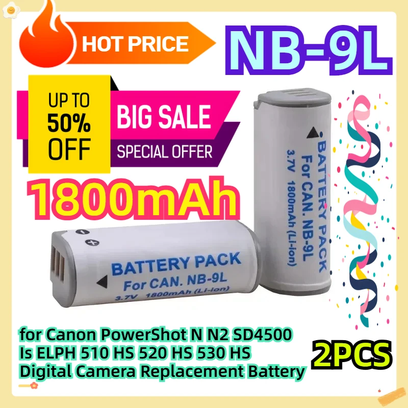 

NB-9L 1800mAh 2pcs for Canon PowerShot N N2 SD4500 Is ELPH 510 HS 520 HS 530 HS Digital Camera Replacement Battery