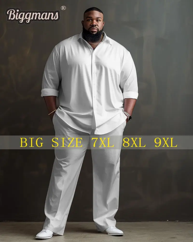 Biggmans Two Piece Shirt Sets for Men\'s Clothing Solid Color Large Pants Formal Business Office Comfortable Big Plus Size Suit