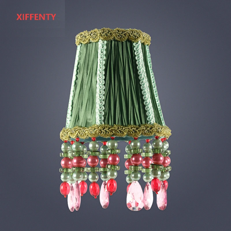 Special bead pendant lamp cover folding cloth art iron lampshade custom fashion personality European pleated green lampshade