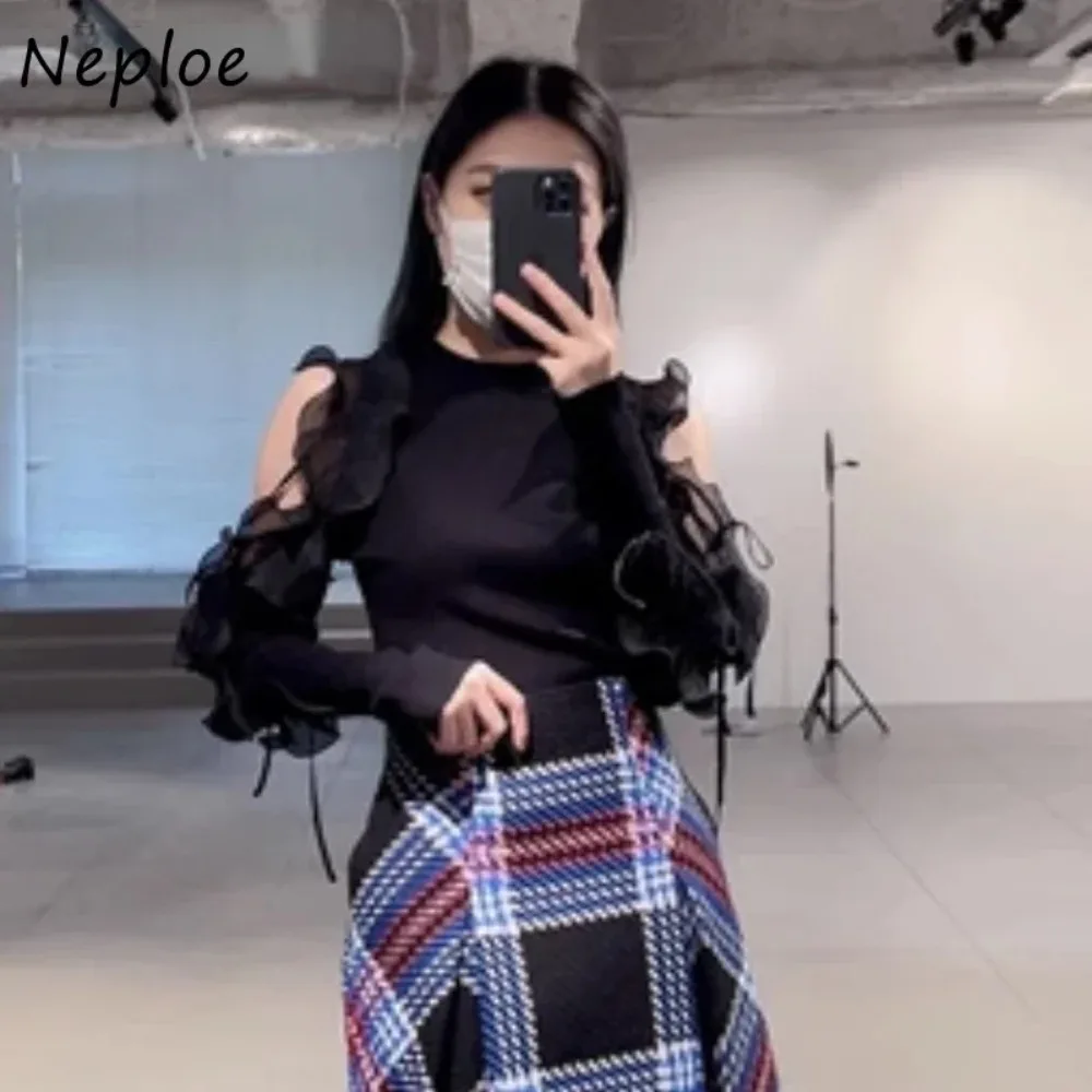 Neploe O Neck Long Sleeve Solid Sweet Jumper Slim Fit Ruffles Patchwork Casual Pullovers Japan Knit Shoulder Strapless Tops