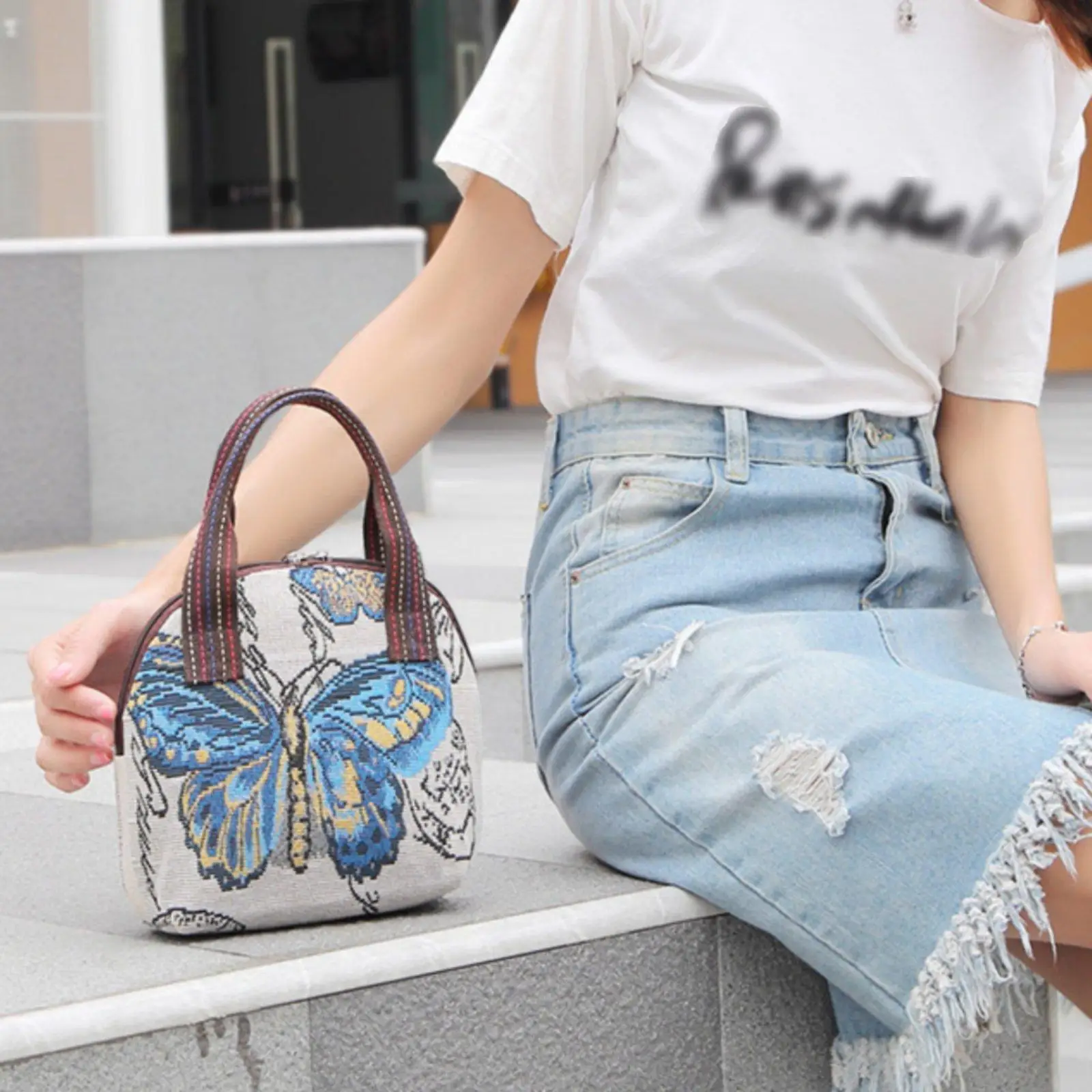 Women Handbag Woven Butterfly Design Ethnic Embroidered Compact Top Handle Luxury Branded Bag for Women Outings