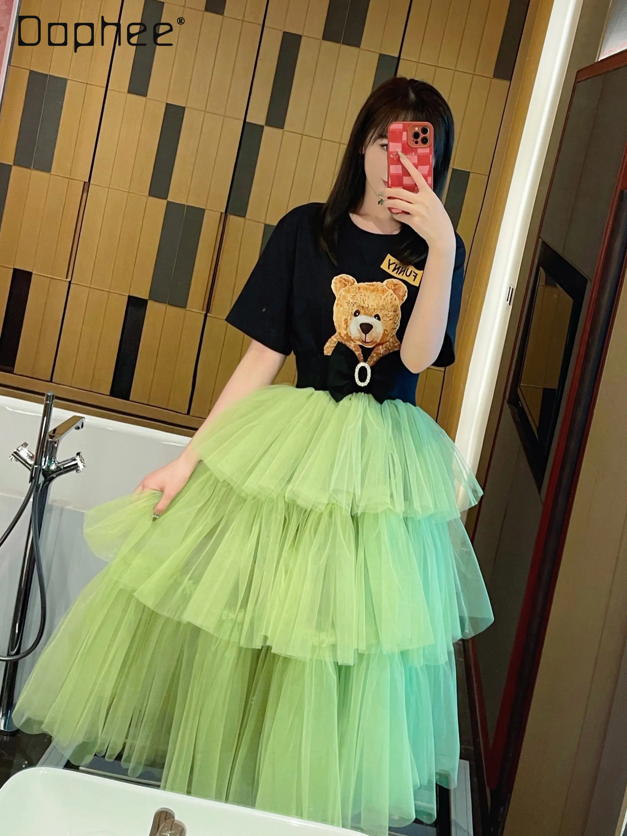 

Fairy Sweet Long Skirt Set 2023 Spring Summer Trendy Brand Cartoon Bear Printed T-shirt Gauze Skirt 2 Piece Sets Womens Outfits