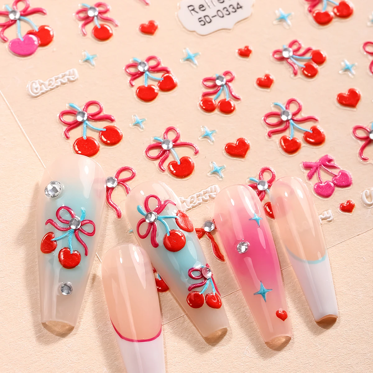 5D ฤดูร้อนผลไม้เล็บสติกเกอร์ลายนูนสตรอเบอร์รี่เชอร์รี่แตงโมกีวี Bownet Self-Adhesive DIY Decals ตกแต่งเล็บ