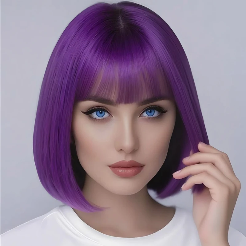 12 inch purple bangs bob wig, stylish and elegant, high-temperature synthetic, suitable for all women