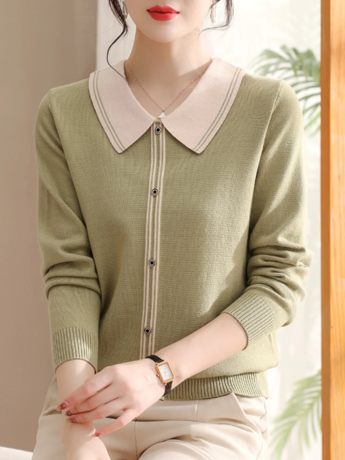 

Sli Knitted Woolen Sweater Collar Overhead Middle-aged Women's Faionable Garment Sweet Sle Long Sve Regular Fit