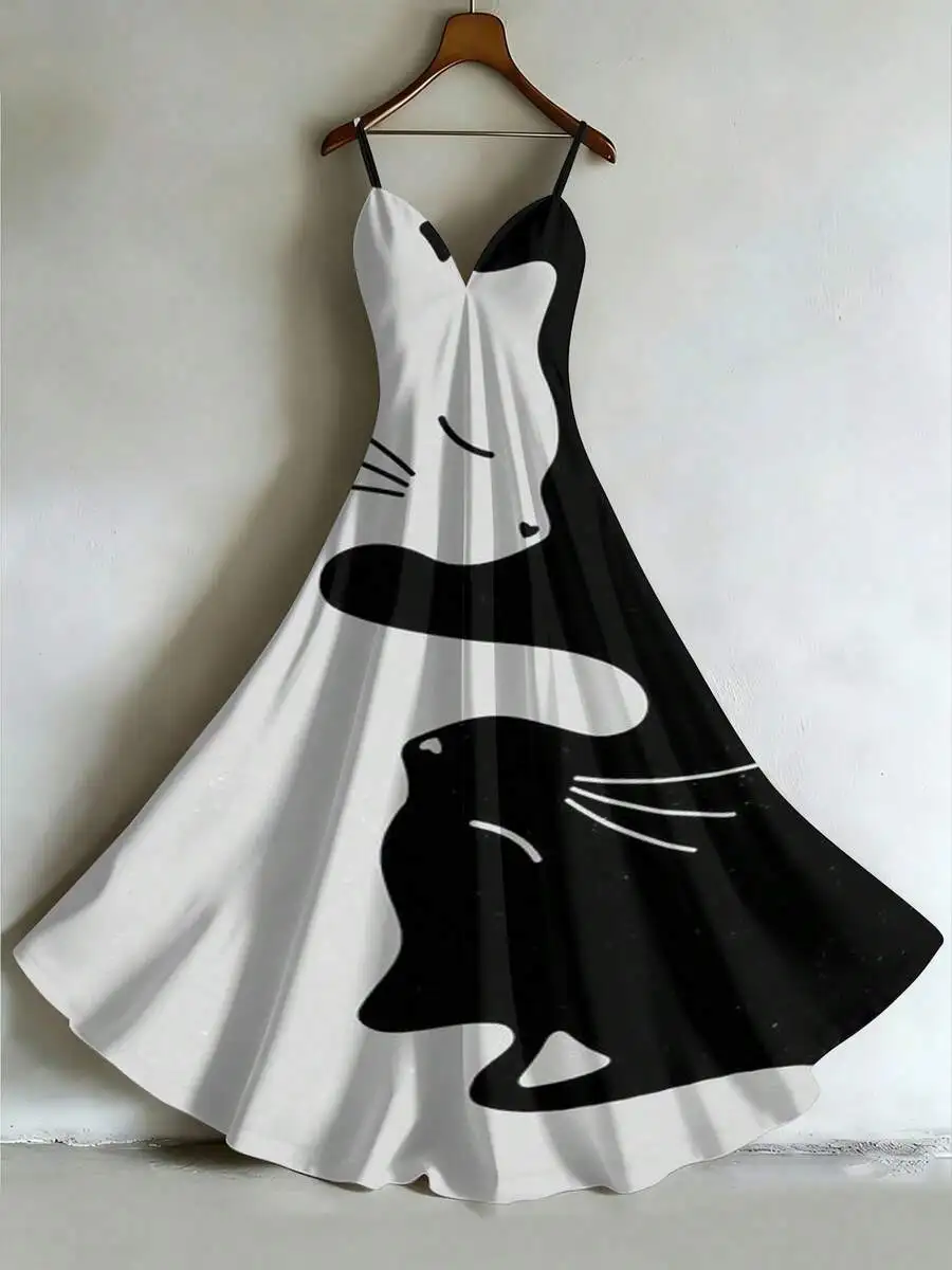 

Womens Black And White Cat Print Pleated Slip Dress Casual Knit Maxi Dress