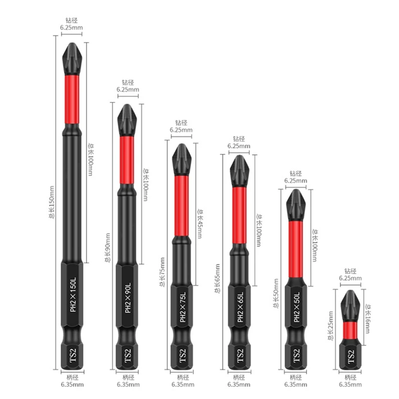 6Pcs S2 25-150Mm Impact Screwdriver Bits Magnetic Torque Screwdriver Impact Driver Bit Set