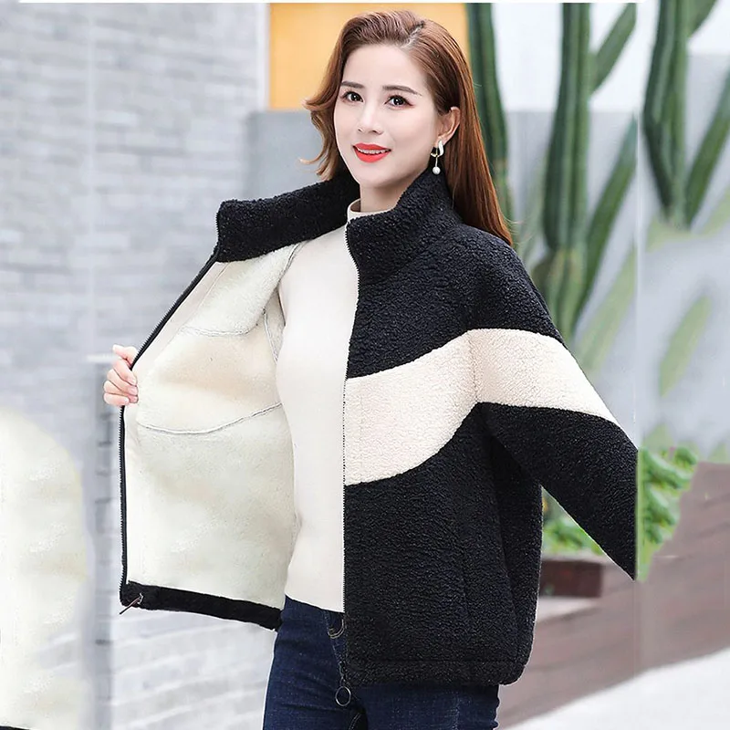 Fashion Foreign Style Fleece Color Matching Granular Velvet Collar Loose Casual Thick Coat 2023 Winter Female Cashmere Warm Coat