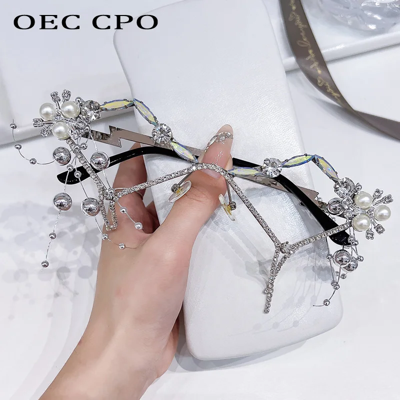 Diamond Metal Sunglasses Women Sexy No Lens Rhinestone Glasses Frame Ladies Pearl Tassel Luxury Eyewear Lunette Soleil Femme