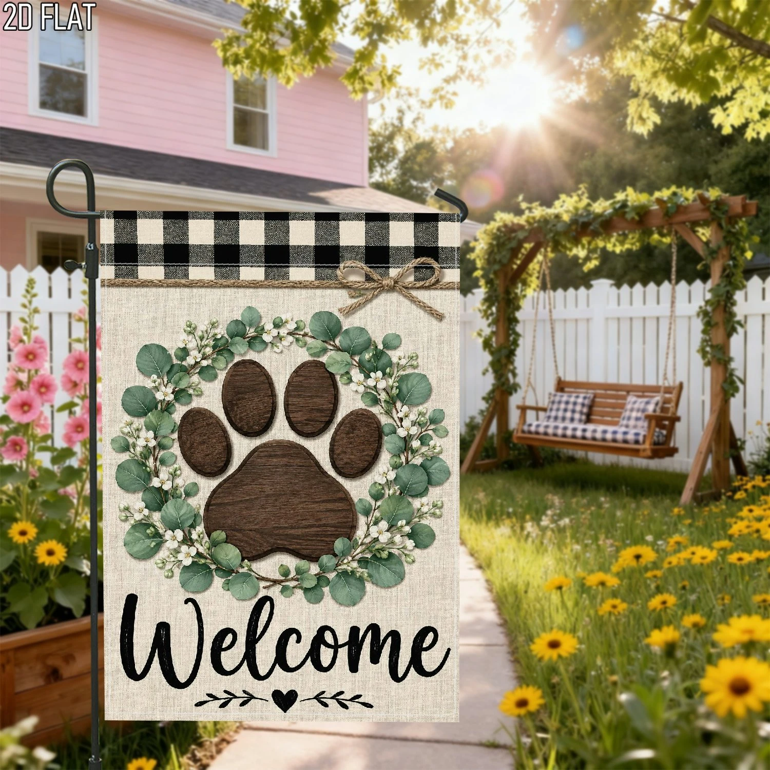 1pcs Rustic Farmhouse Dog Paw Print Welcome Garden Flag Buffalo Plaid Eucalyptus Wreath Yard Flag for Pet Lovers Outdoor Decor
