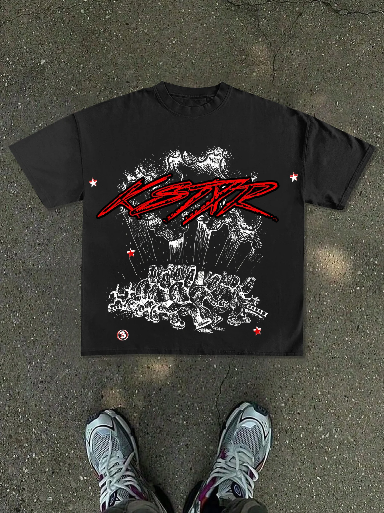 Men's T-shirt Loose White Base Black Crowd Cartoon Print Paired with Street Fashion Style Full of Tension