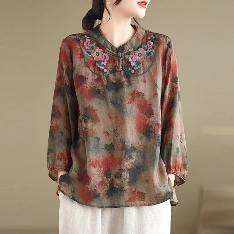 Women Long Sleeve Casual Blouses Shirts New Arrival 2024 Spring Chinese Style Vintage Floral Embroidery Loose Female Tops B3593