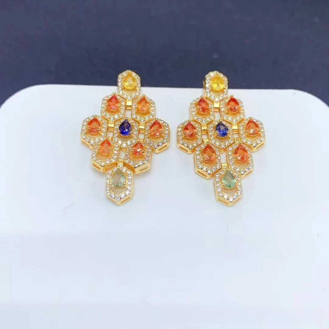

Natural Colorful Sapphire Earrings 925 Sterling Silver, Luxury Fashion Color Gemstone Dangle Earrings