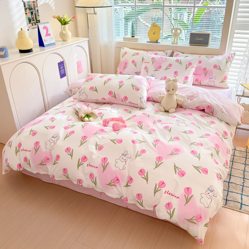 Pink Floral Bunny Duvet Cover Cotton 3pcs Bedding Set Girly Flower Rabbit Quilt Cover Reversible Comforter Cover 2 Pillowcases