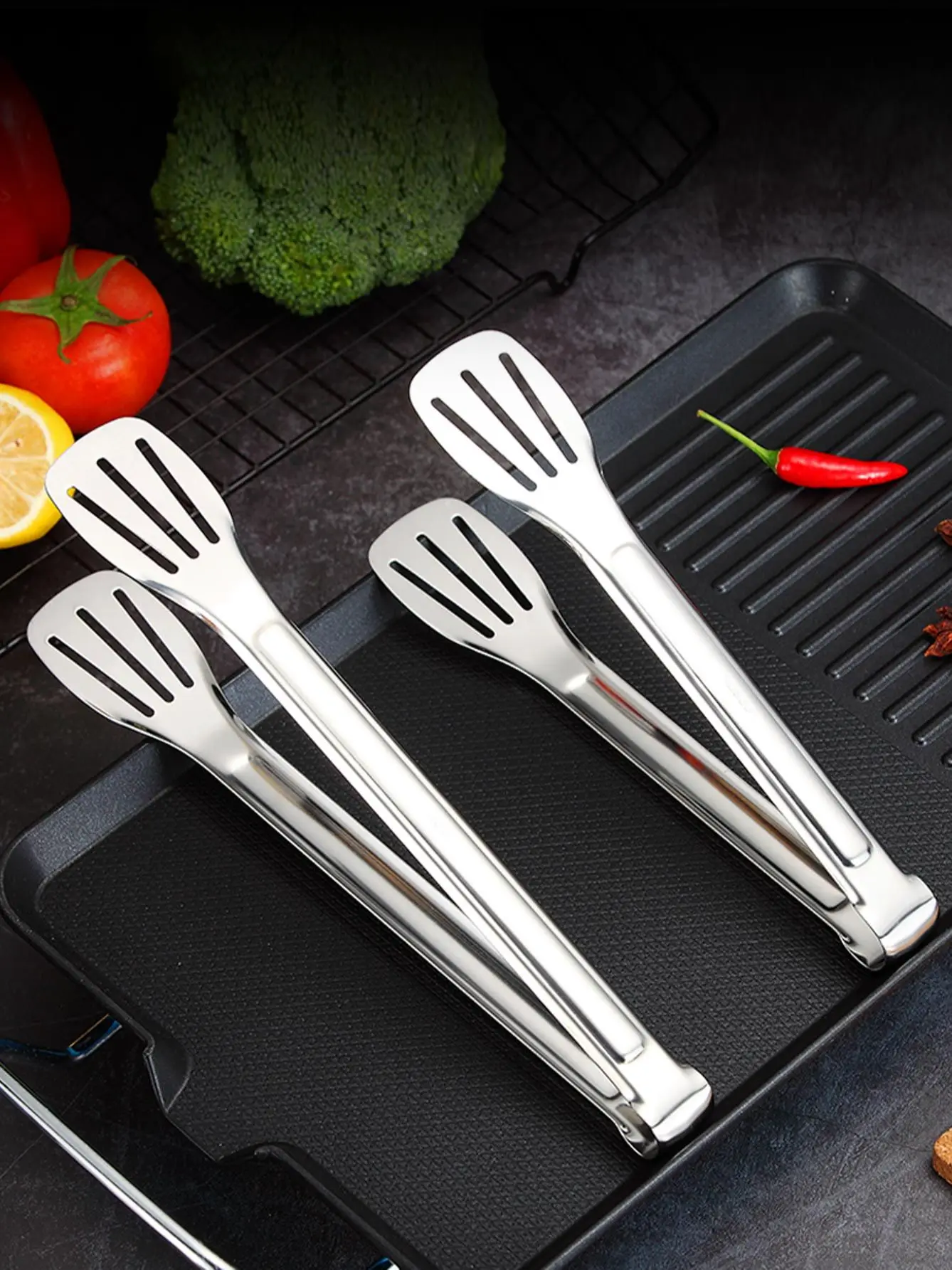 WORTHBUY Steak Barbecue Tongs Non-slip Stainless Steel Grill Tongs Pancake Fried Pizza Bread Clip Multifunctional Cooking Tongs