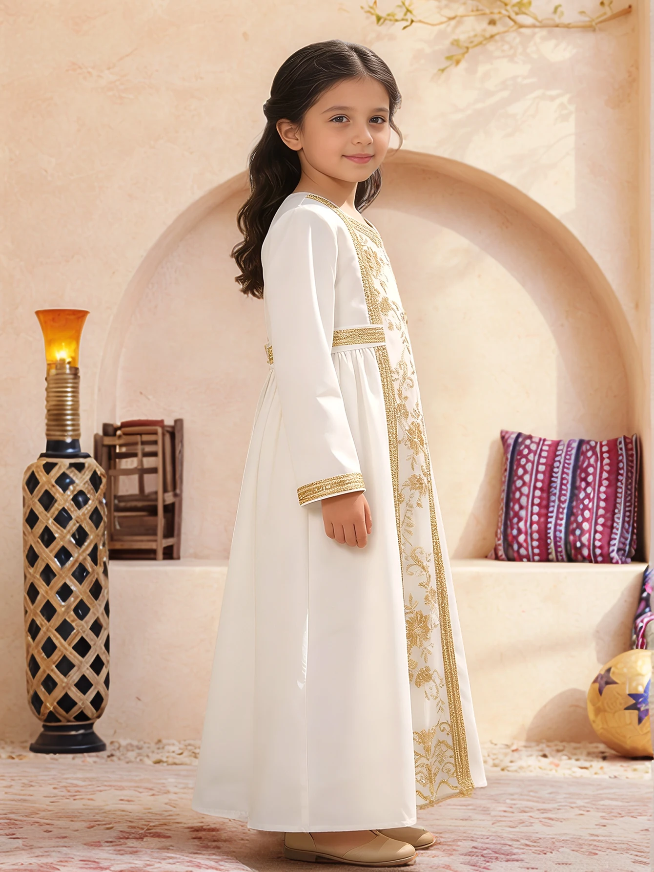 Weißgold Schwer Bestickte Mädchen-Abaya Muslimische Kinder Arabische Robe Tägliches / Festliches Mehrzweck-Outfit – Detail 3