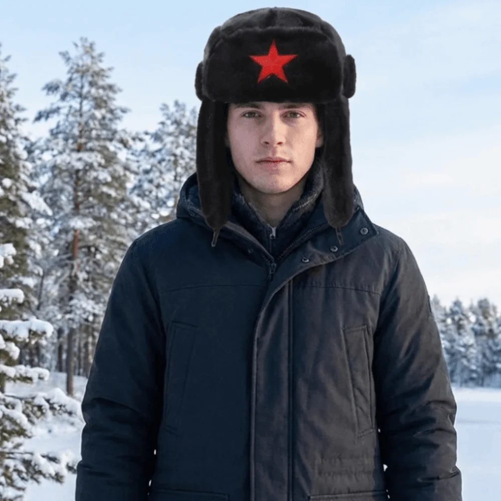 Cosplay Pentagram Star Plush Lei Feng Cap Windproof Black Color Ear Protection Cap Fleece-Lined Fluffy Ski Hat Cold Weather