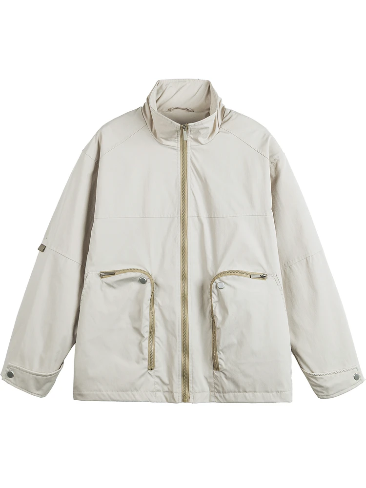 

Devilray American Sle Streetwear Workwear Jaet Autumn Loose Fit Zipper Closure Long Sve Stand Collar Large ket Casu...