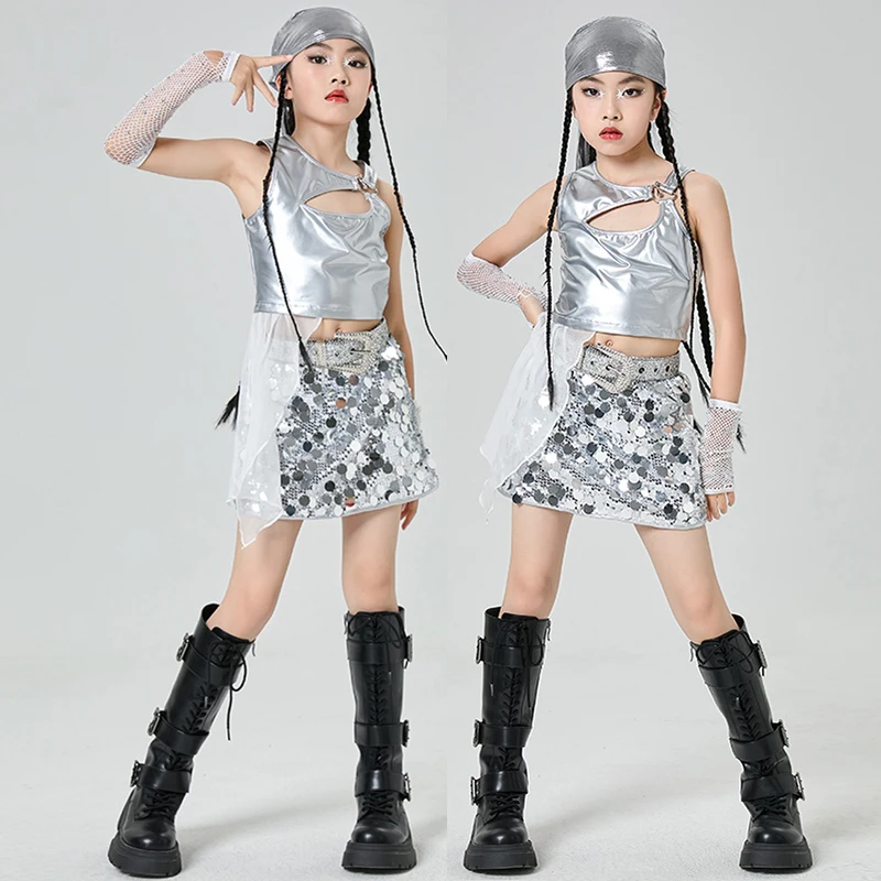 

Jazz Dance Costume Girls Hip-Hop Performance Clothes Kid K POP Stage Outfit Competition Clothes Silvery Sequin Vest Short XH2779
