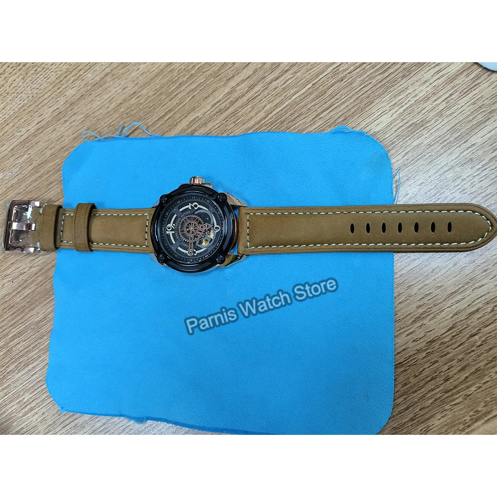Parnis 44 مللي متر الهيكل العظمي الرجال اليابان 82S5 حركة ساعة ميكانيكية العسكرية الطيار ساعة PVD الأسود ارتفع الذهب حالة حزام من الجلد