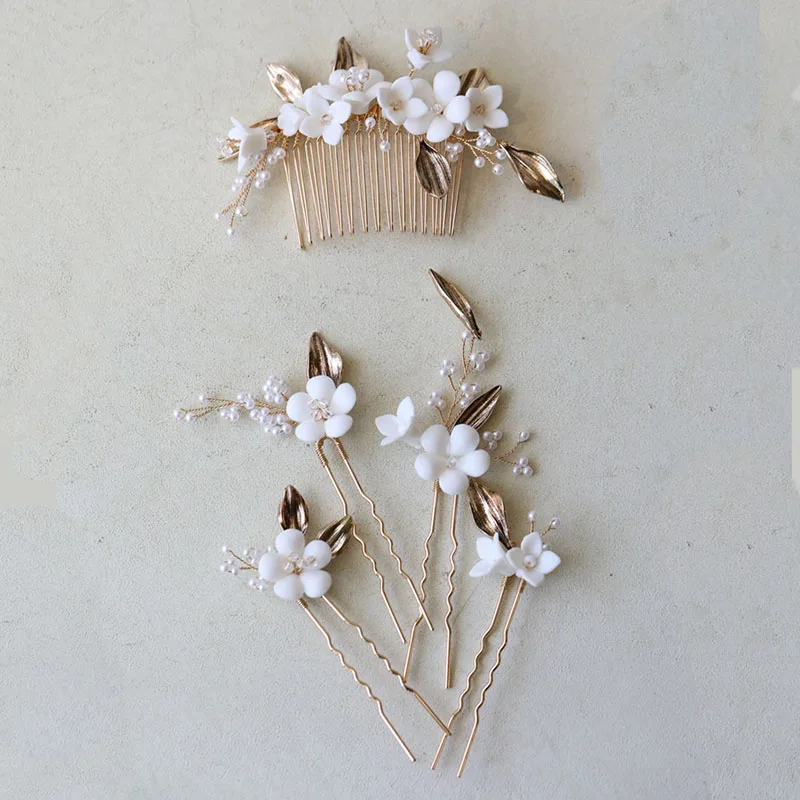 

Floralbride Handmade Crystal Rhinestone Pearls Porcelain Flower Bridal Hair Comb Pin Set Wedding Hair accessories Women Jewelry