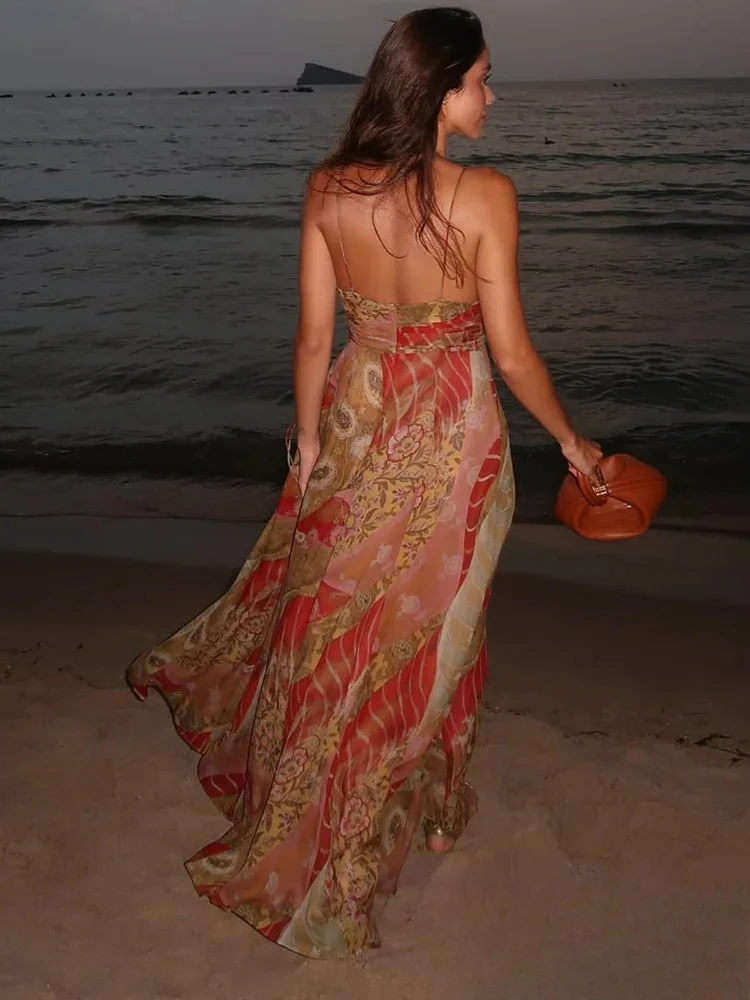 KONDALA Abito da donna sexy con stampa floreale Abito lungo con volant con scollo a V profondo Nuova moda Estate 2025 Abito da vacanza Boho Beach