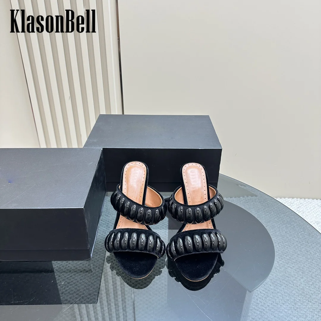 7.3 KlasonBell Female 2024 New Velvet Metal Decoration Women Slippers T-Strap Thin High Heel Sheepskin Sandals