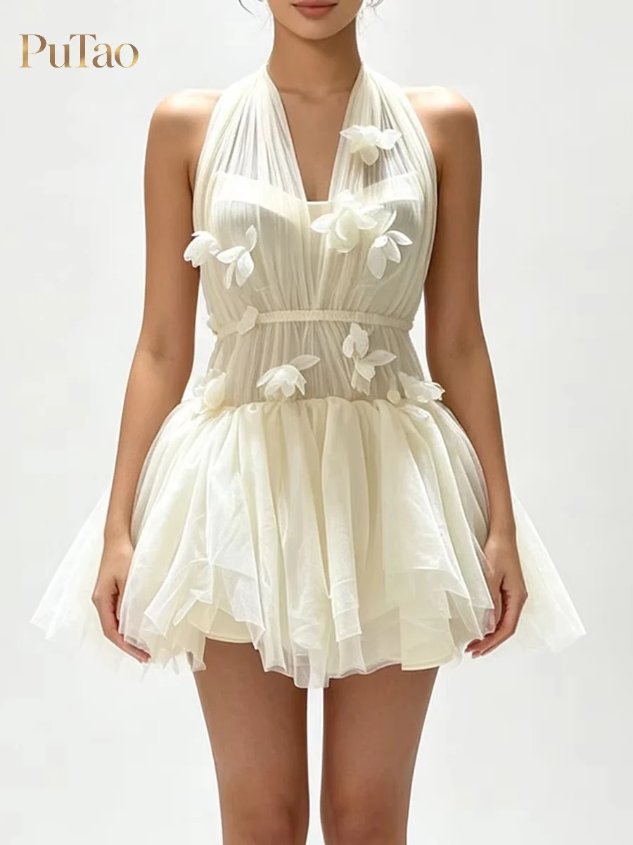 Putao Women Cream Halter V Neck Mini Dress 3D Floral Applique Pleated Tulle Tiered Ruffle Skirt Sleeveless Cocktail Party Dress