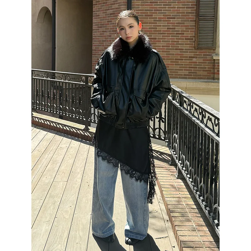 Benuynffy 2025, Herbst-Winter, Schwarz, mit Reißverschluss, Kunstleder, Jacke, Damen, Streetwear, abnehmbarer Pelzkragen, dick, warm, modisch, Outwears