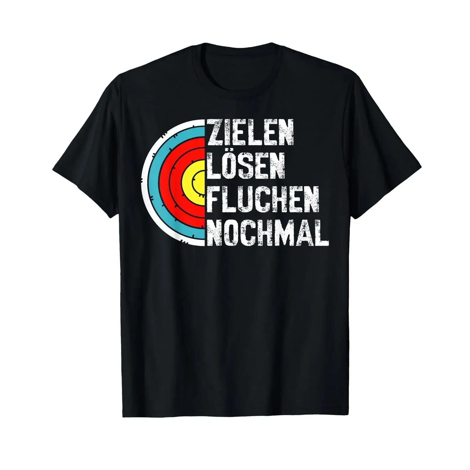 T-shirt avec texte allemand Zielen Solve Fluchen Nomals, motif graphique noir vintage délavé, motif d'archerie amusant, unisexe, légèrement stylé, tendance.