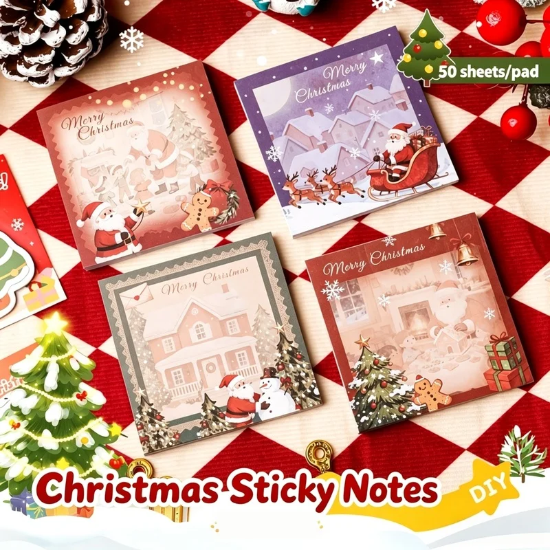 50Sheets Christmas Sticky Notes, Memo Pads, Self-Adhesive Notepad, For School Office Scrapbooking, Holiday Stocking Stuffers