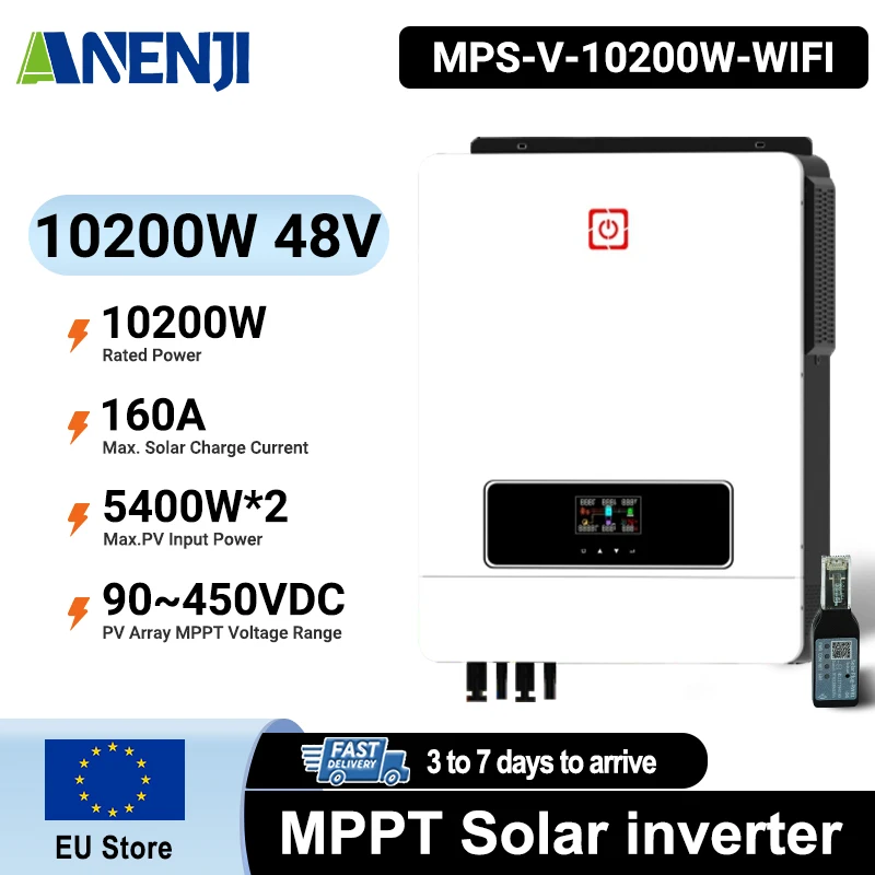 Onduleur solaire hybride ANENJI 10,2 kW 48 V 220 V, onduleur pur sinusoïdal on/off grid avec MPPT 160 A intégré et WiFi pour batterie LiFePO4 et panneau solaire