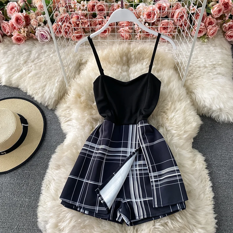 

High Waist Plaid Two-Piece Illusion Strap Jumpsuit Dr for Girls Summer 2025 Vest Dr ort Pants Skirt Women's Sle