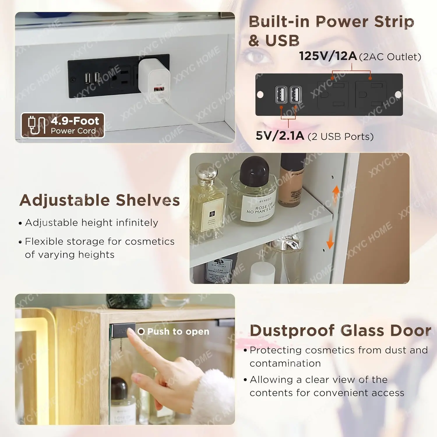 خزانة متعددة الوظائف، بسيطة وخفيفة فاخرة مع صندوق مرآة، شقة صغيرة مدمجة مع طاولة مكياج مصباح