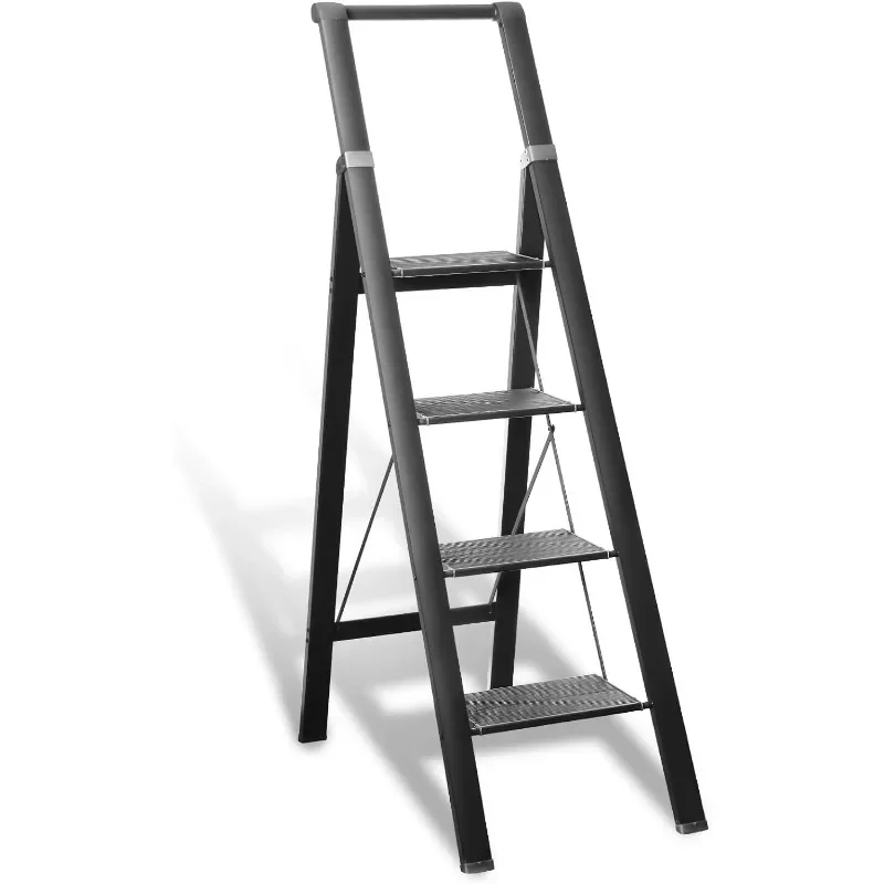 4 Step Ladder, Aluminum Folding Steps Stool with Convenient Handgrip, Lightweight Ladders with Anti-Slip Sturdy Pedal