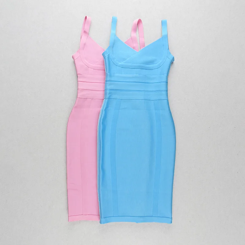 セクシーなVネックバックレススパゲッティストラップ膝丈包帯ドレス