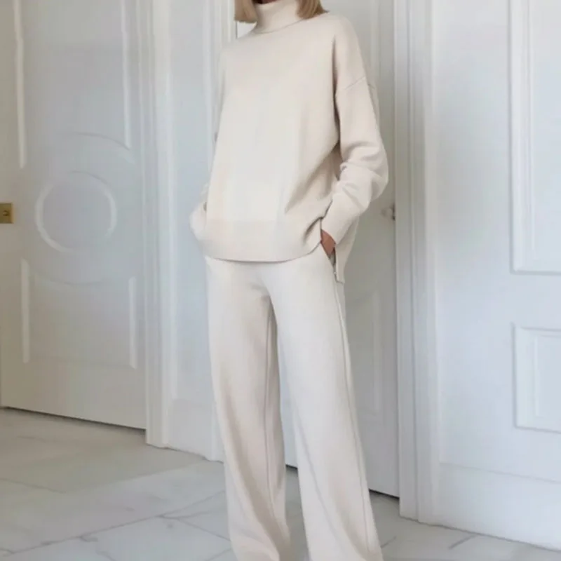 Frühling Rollkragen Sweatshirt & Casual Hosen Set Elegante Solide Patchwork Rippe Gestrickt Outfits Frau Lange Hülse Lose Herbst Anzüge