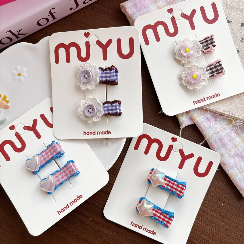 

New Korean Style Kids Plaid Flower Hair Clips Mini Lace Star Side Barrettes Sweet Cute Hair Pins Fashion Daily for Little Girls