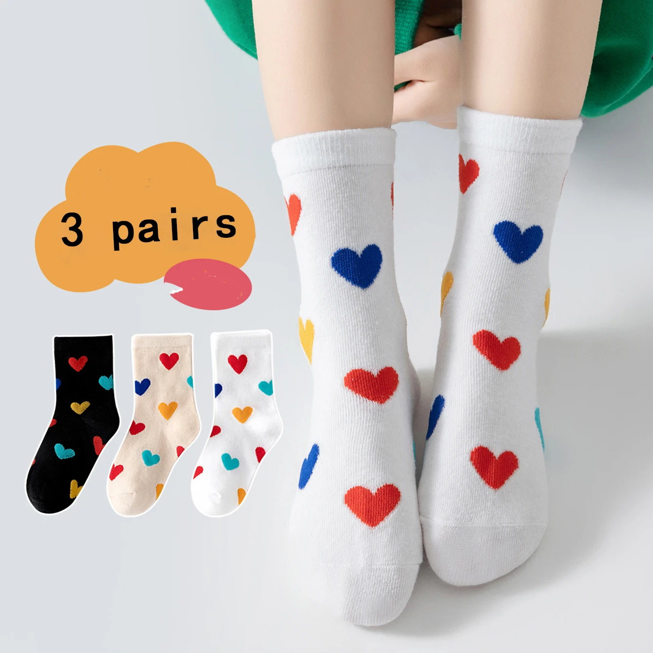 3 pairs of colorful love patterns for girls and teenagers, soft, comfortable, breathable, casual, fashionable, and versatile