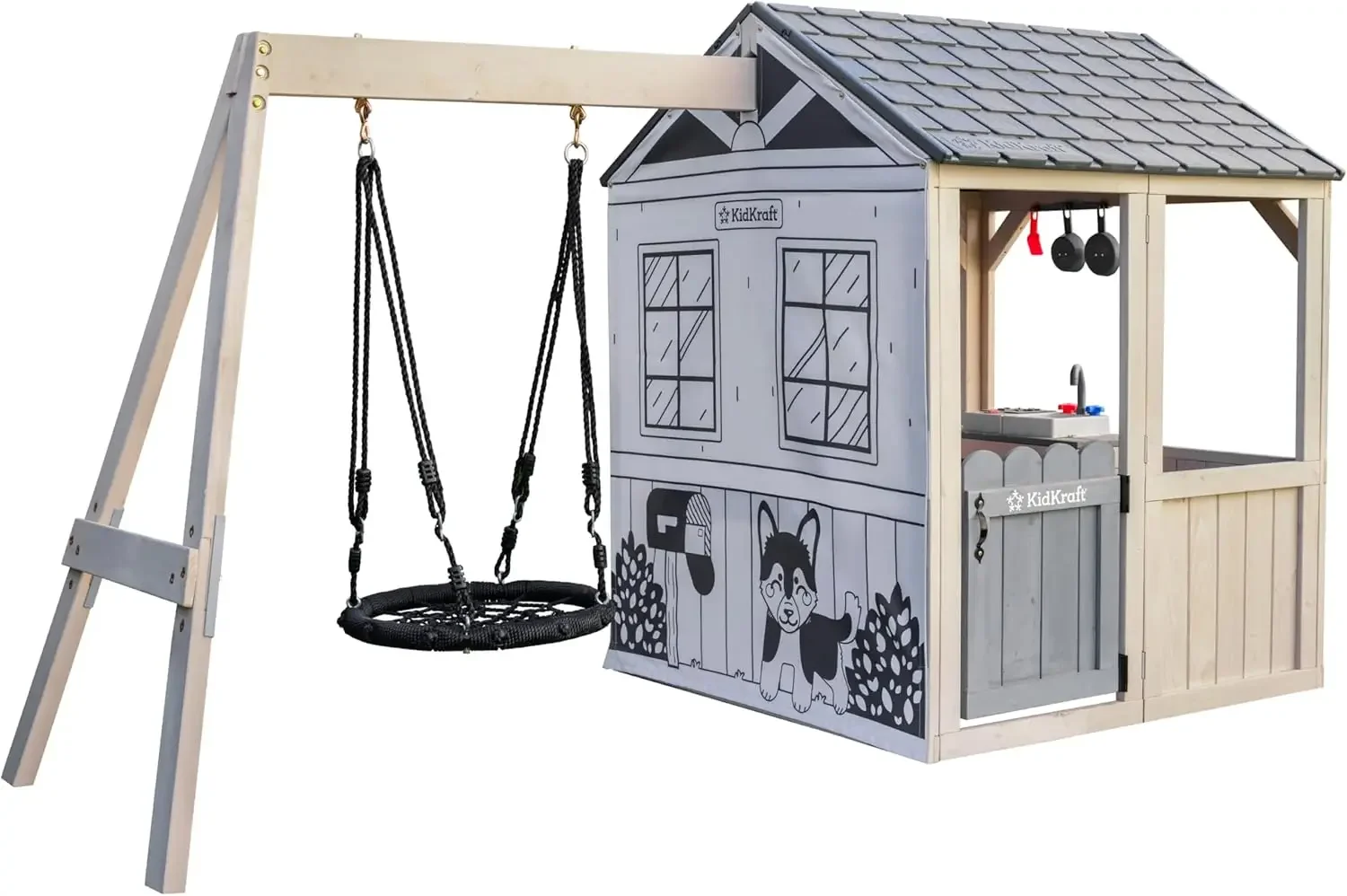 Nordic Swing Wooden Outdoor Playhouse with Web and Play Kitchen Uv and Mold Protection Against Various Factors