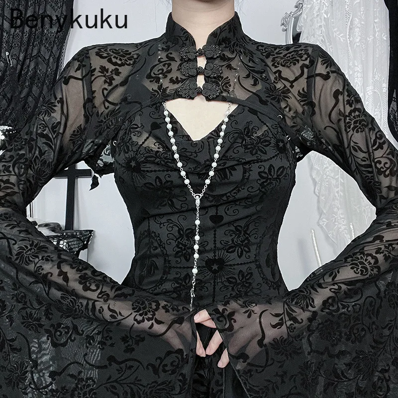 Black Flare Sleeve Y2k Cropped Tops Floral Lace Dark Cardigan Top Gothic Style Shrug Women Stand Neck Bolero Coat Goth Clothes