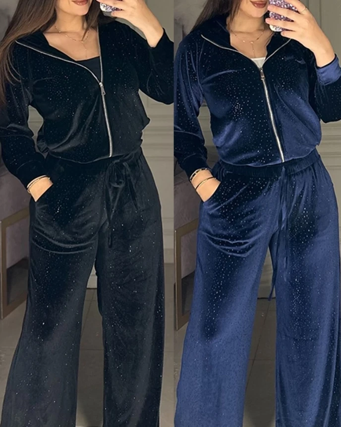 

Elegant Women's Two-Piece Fashion Autumn Vintage Velvet Rhinestone Long Sleeves Zip-Up Hoodie Wide Leg Pants Casual Pants Set