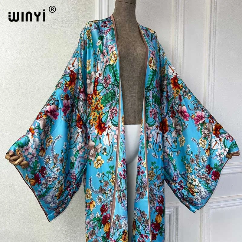 WINYI lato 2024 kimono z kwiatowym nadrukiem okrycie plażowe strój kąpielowy elegancka afrykańska sweter damski boho seksowna wakacyjna sukienka