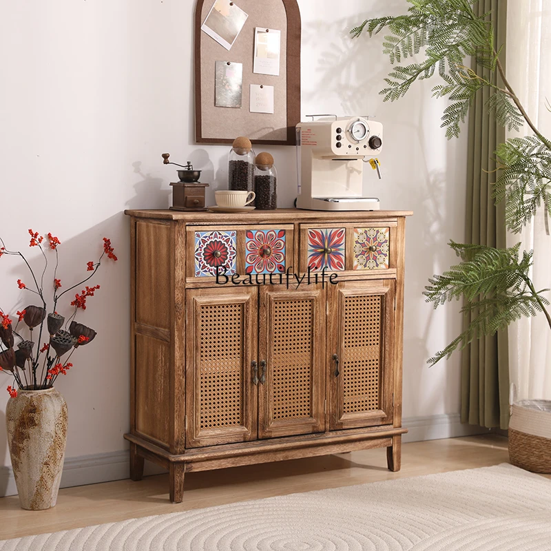 

02 Solid Wood Sideboard Cabinet Home Rattan Tea Storage Vintage Cabinet