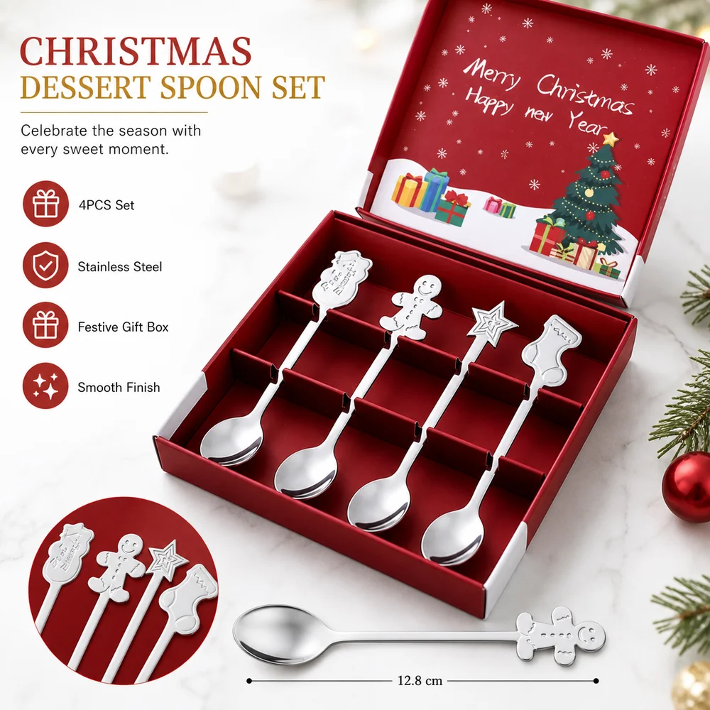 4PCS Set New Stainless Steel Dessert Spoons Snowman Stocking Cutlery Spoon Gingerbread Festive Christmas Teaspoons Table Setting