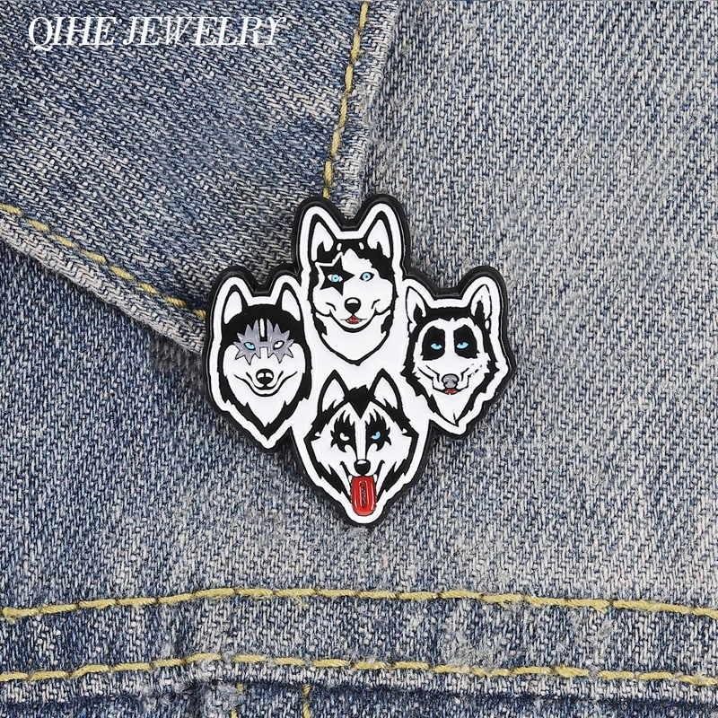 Husky Rockband Cartoon Emaille-Pin Lustige Schwarz-Weiße Vier-Hunde-Kopf-Broschen Rucksack-Reversnadel Schmuck Geschenk für Fans Freunde