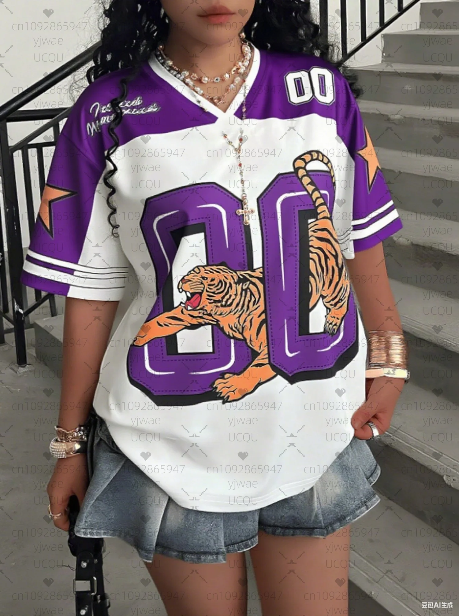 2026 Women Baseball Jerseys TIGER NUMBER Print V-Neck Short Sleeve T-Shirt Summer Tee Stripe Oversized Ventilate Sport T-Shirt